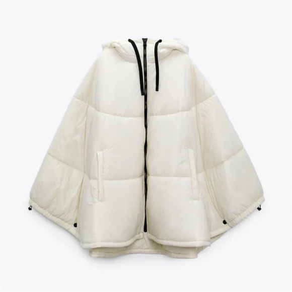 Zara ecru / off white water repellent hooded puffer cape / coat NWT - Picture 2 of 13